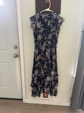 Calvin Klein Black Floral Midi Dress with Lavender & Cream Accents